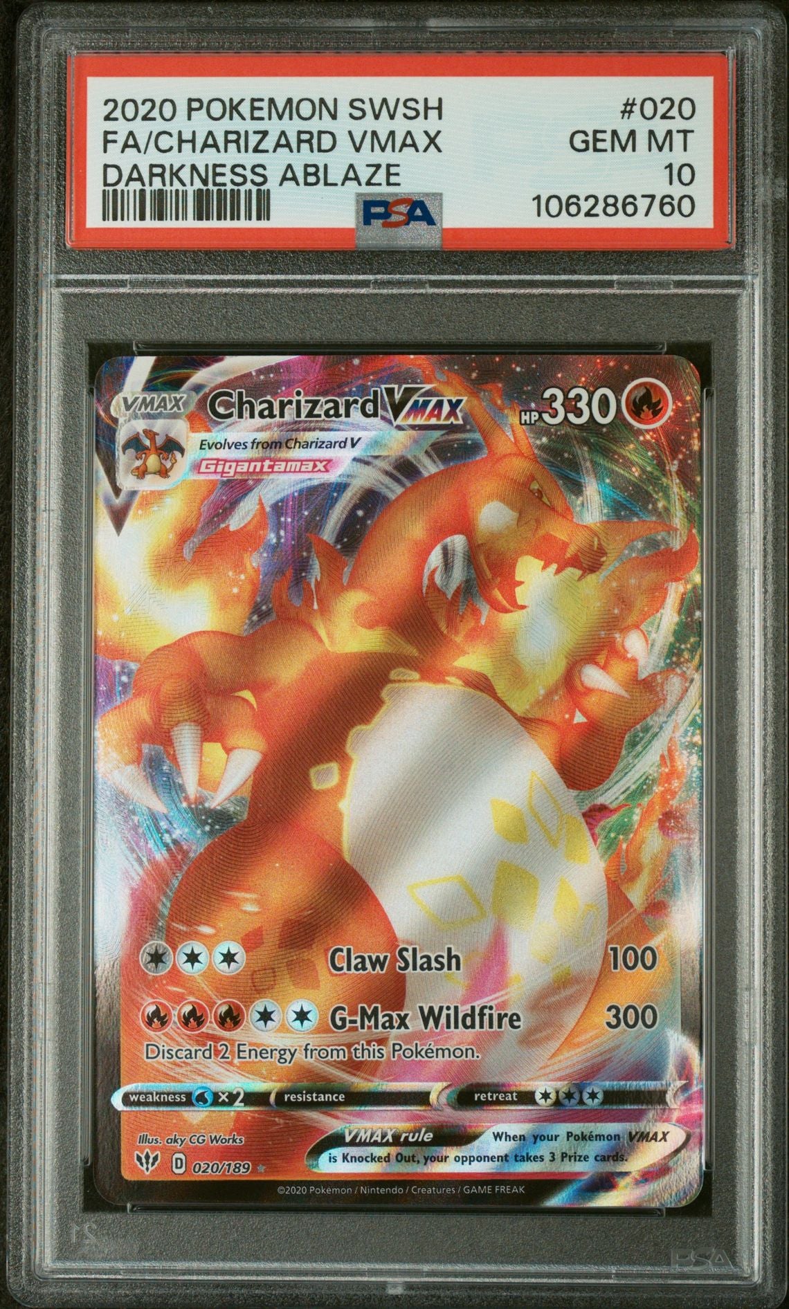 2020 Pokemon SWSH Darkness Ablaze Charizard VMAX #020 PSA 10