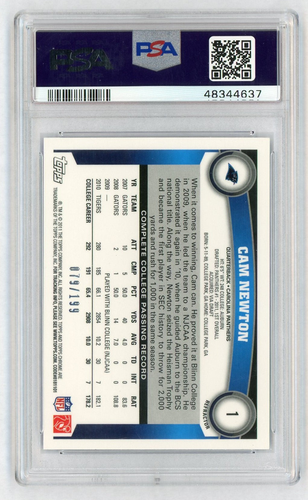 2011 Topps Chrome Blue Refractor Cam Newton #1 /199 PSA 8