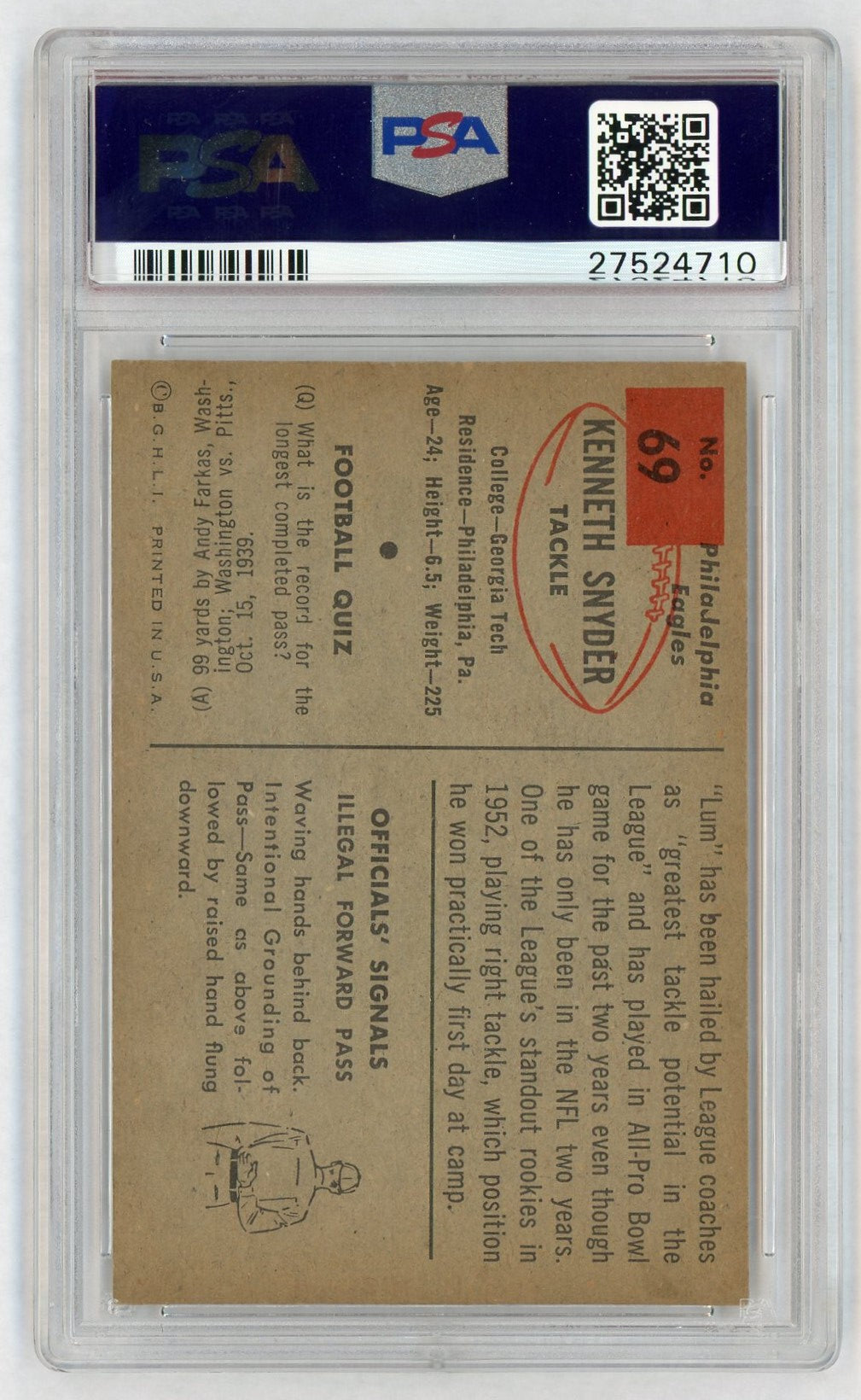 1954 Bowman Kenneth Snyder #69 PSA 6