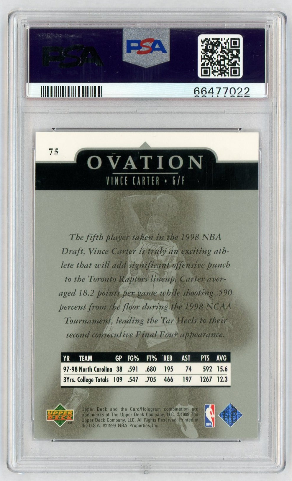 1998 Upper Deck Ovation Vince Carter #75 PSA 9