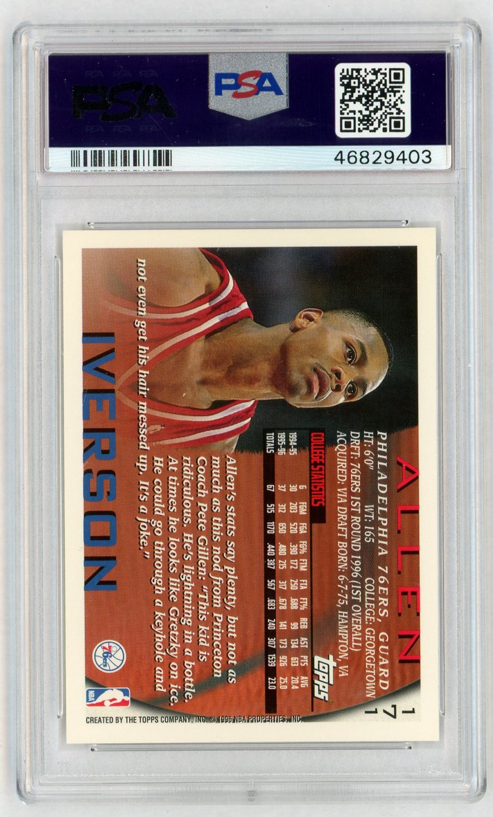 1996 Topps Allen Iverson #171 PSA 9