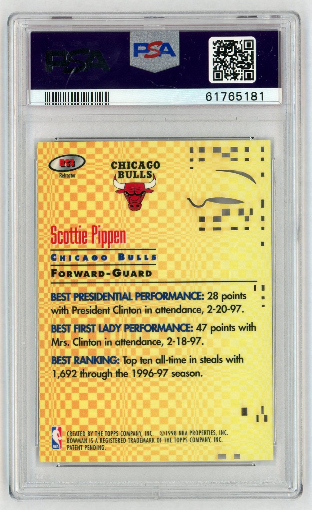 1997 Bowman's Best Best Cuts Refractor Scottie Pippen #BC3 PSA 8