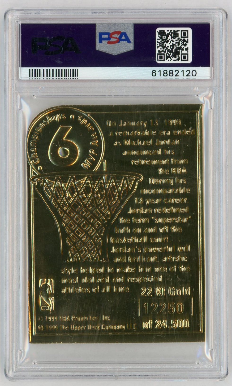 1999 Upper Deck Authenticated 22kt Gold Jordan Retires Michael Jordan /24500 PSA 8