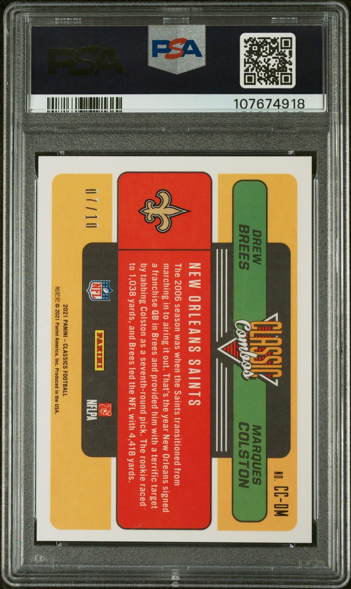2021 Panini Classics Classic Combos Orange Brees Colston #CC-DM /10 PSA 8
