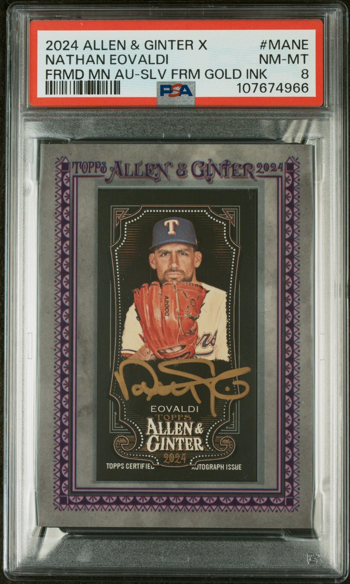 2024 Topps Allen & Ginter X Framed Mini Autograph #MANE Nathan Eovaldi Silver Frame Gold Ink PSA 8