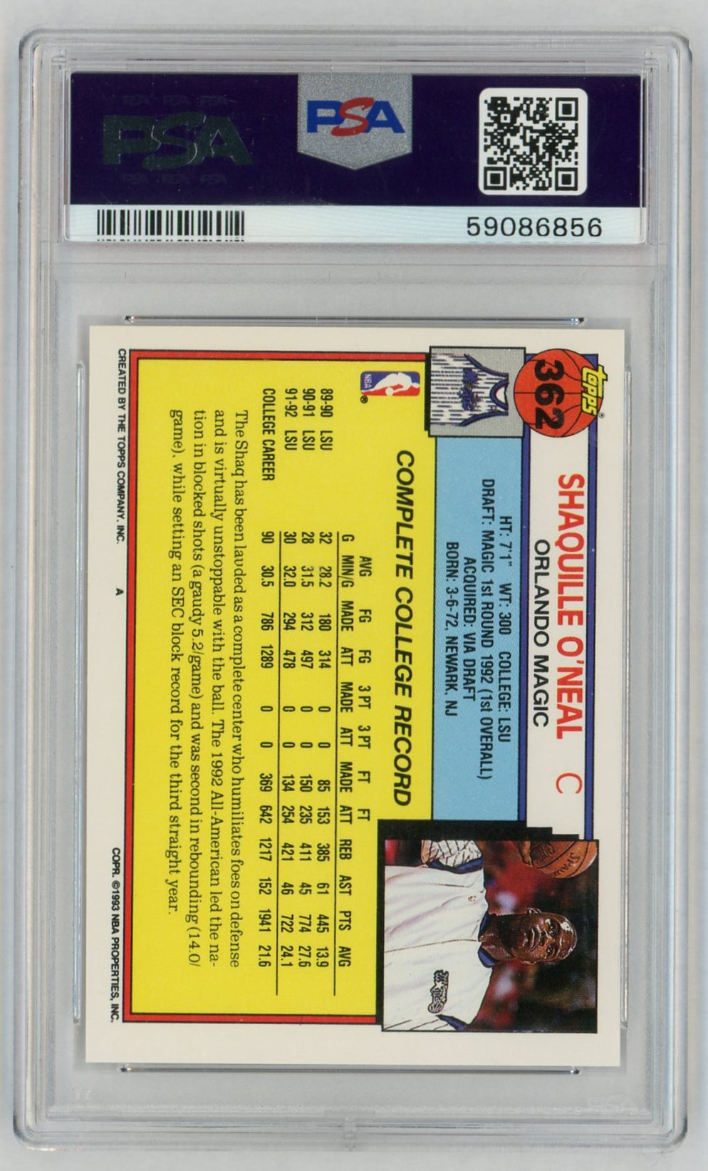 1992 Topps Shaquille O'Neal #362 PSA 8