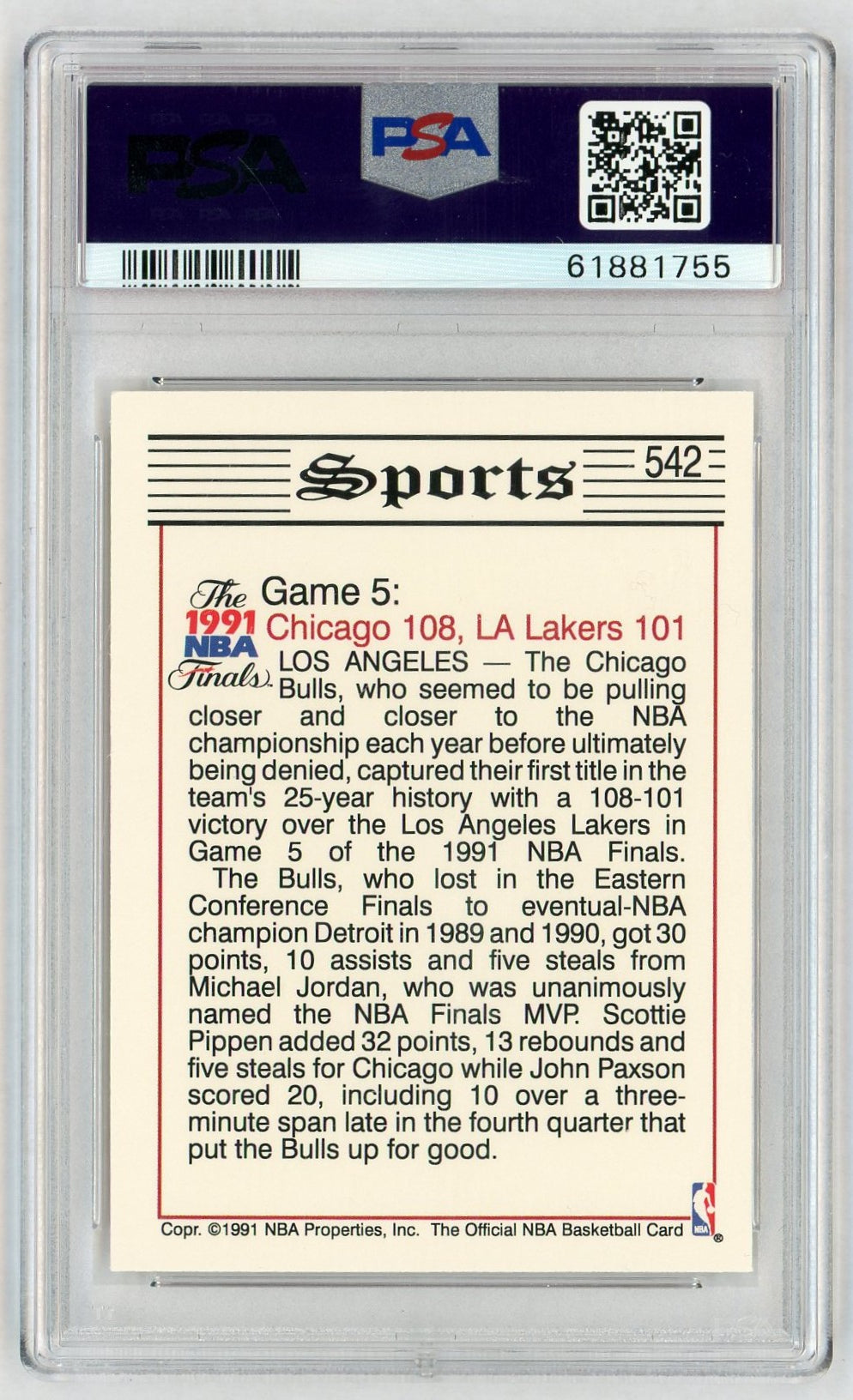 1991 Hoops Chicago Bulls Tribune Michael Jordan #542 PSA 7