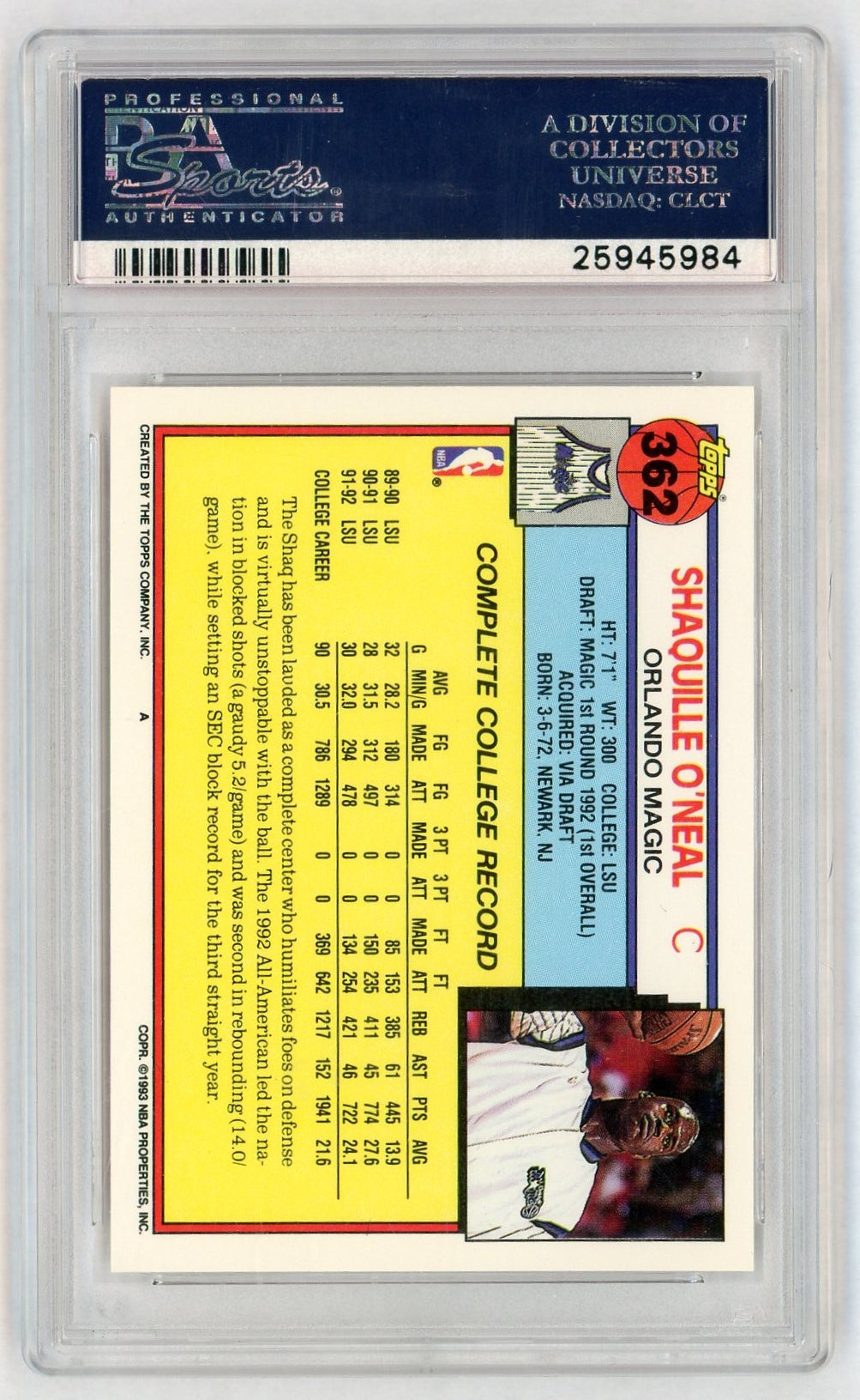 1992 Topps Shaquille O'Neal #362 PSA 9
