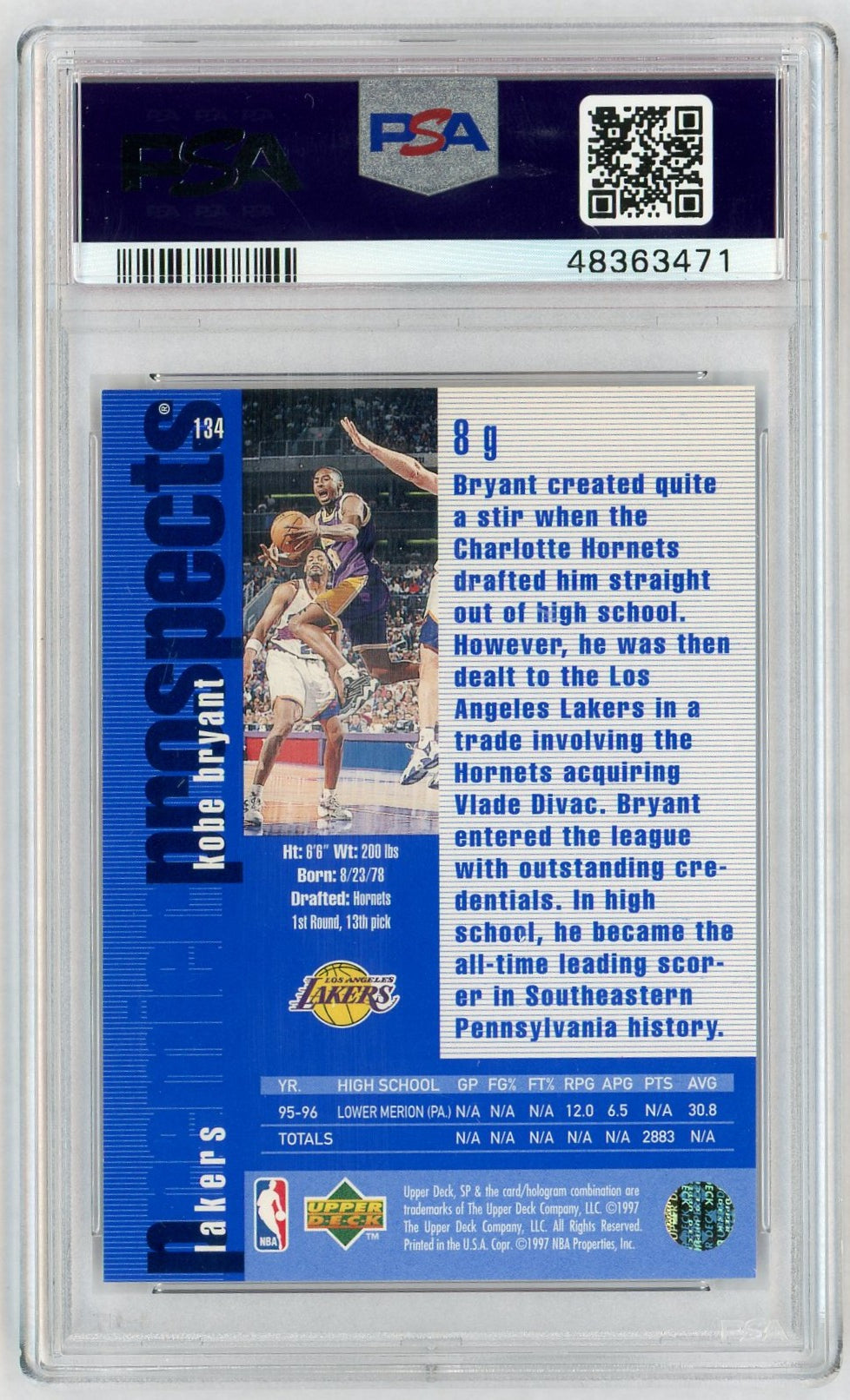 1996 SP Premier Prospects Kobe Bryant #134 PSA 6