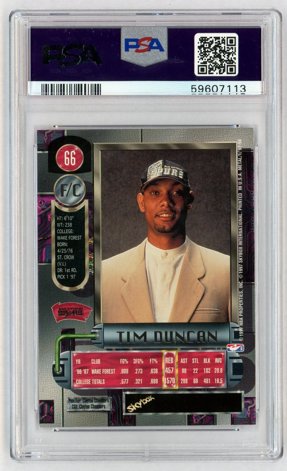 1997 Metal Universe Tim Duncan #66 PSA 8
