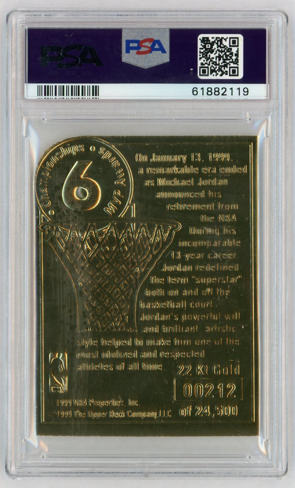 1999 Upper Deck Authenticated 22kt Gold Jordan Retires Michael Jordan /24500 PSA 8