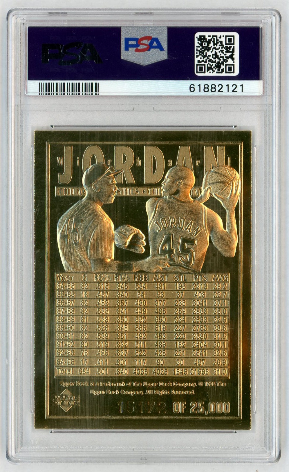 1995 Upper Deck 23k Gold Baseball Basketball Back Michael Jordan /25000 PSA 8