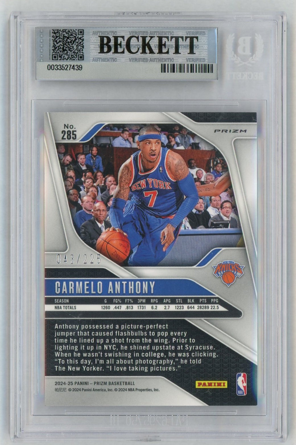 2024 Prizm #285 Carmelo Anthony Basketball Prizm /225 BGS 9