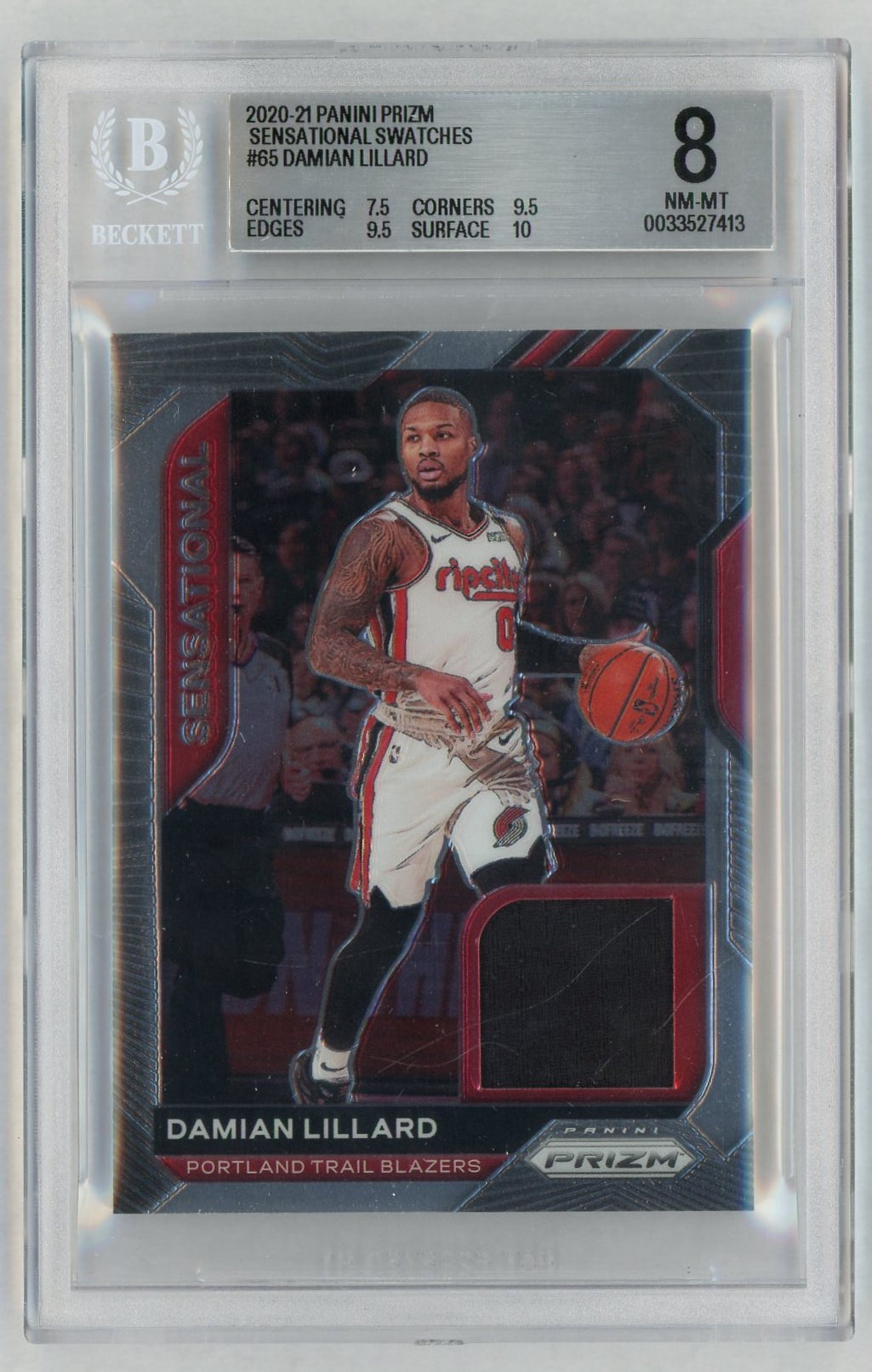 2020-21 Prizm #SSW-DLI Damian Lillard Sensational Swatches Game-Used Patch BGS 8