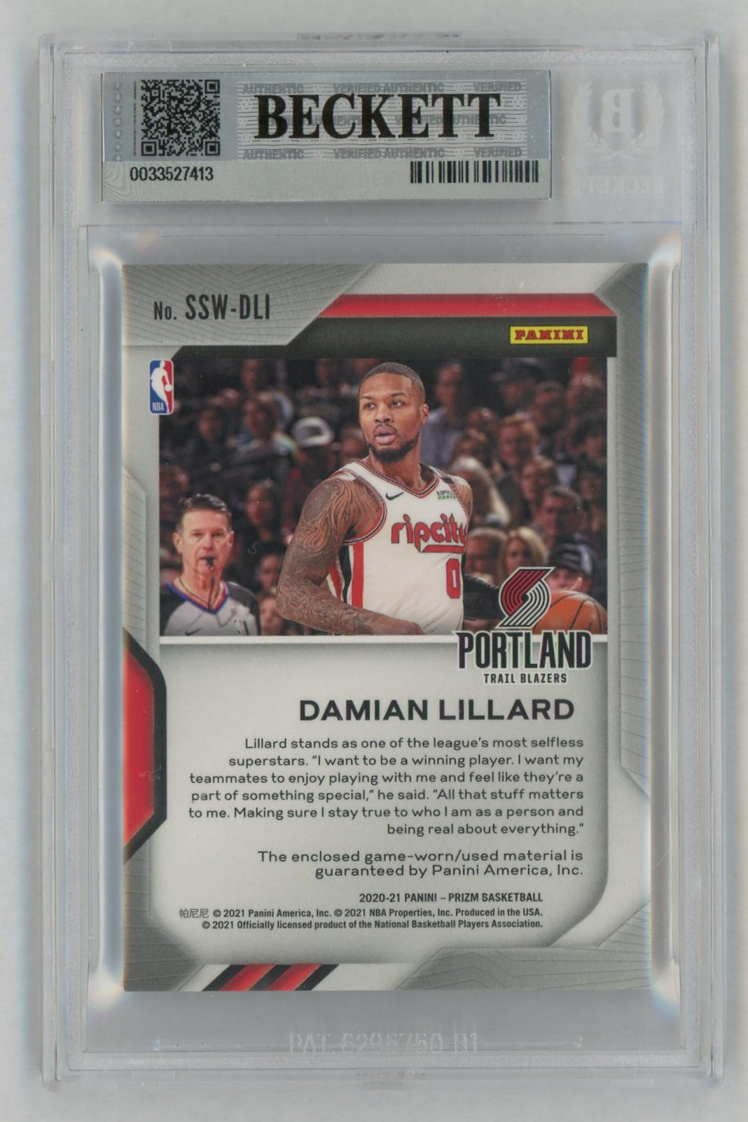 2020-21 Prizm #SSW-DLI Damian Lillard Sensational Swatches Game-Used Patch BGS 8