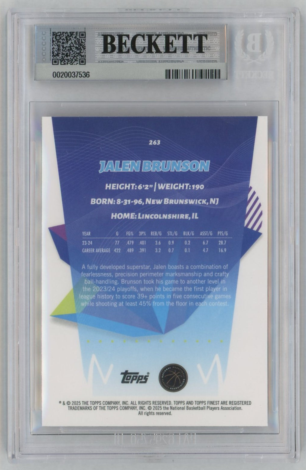 2024 Finest Orange X-Fractors Jalen Brunson #263 /150 BGS 9