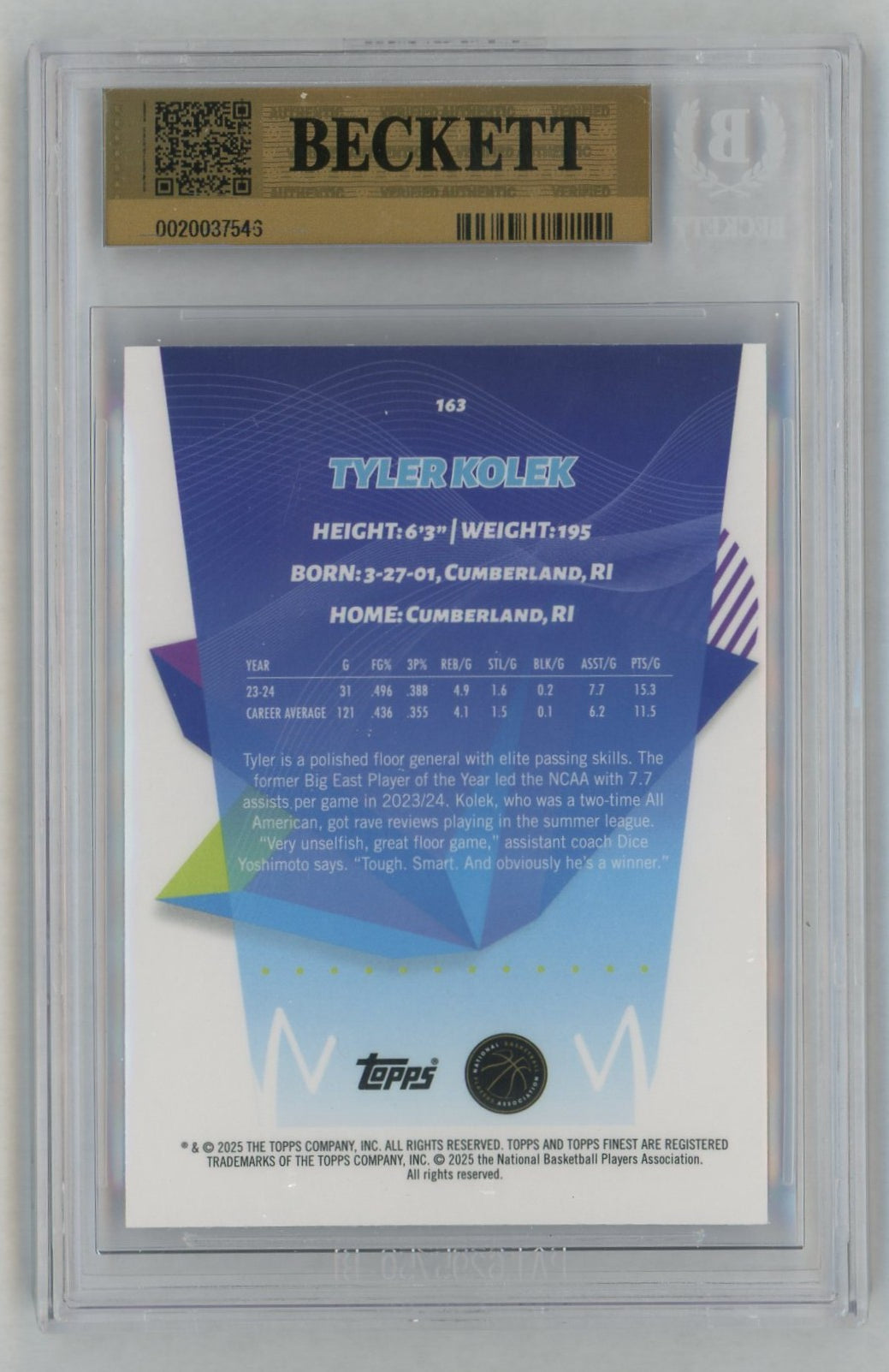 2024 Finest #163 Tyler Kolek Rookie RC True Purple Refractor /150 BGS 9.5