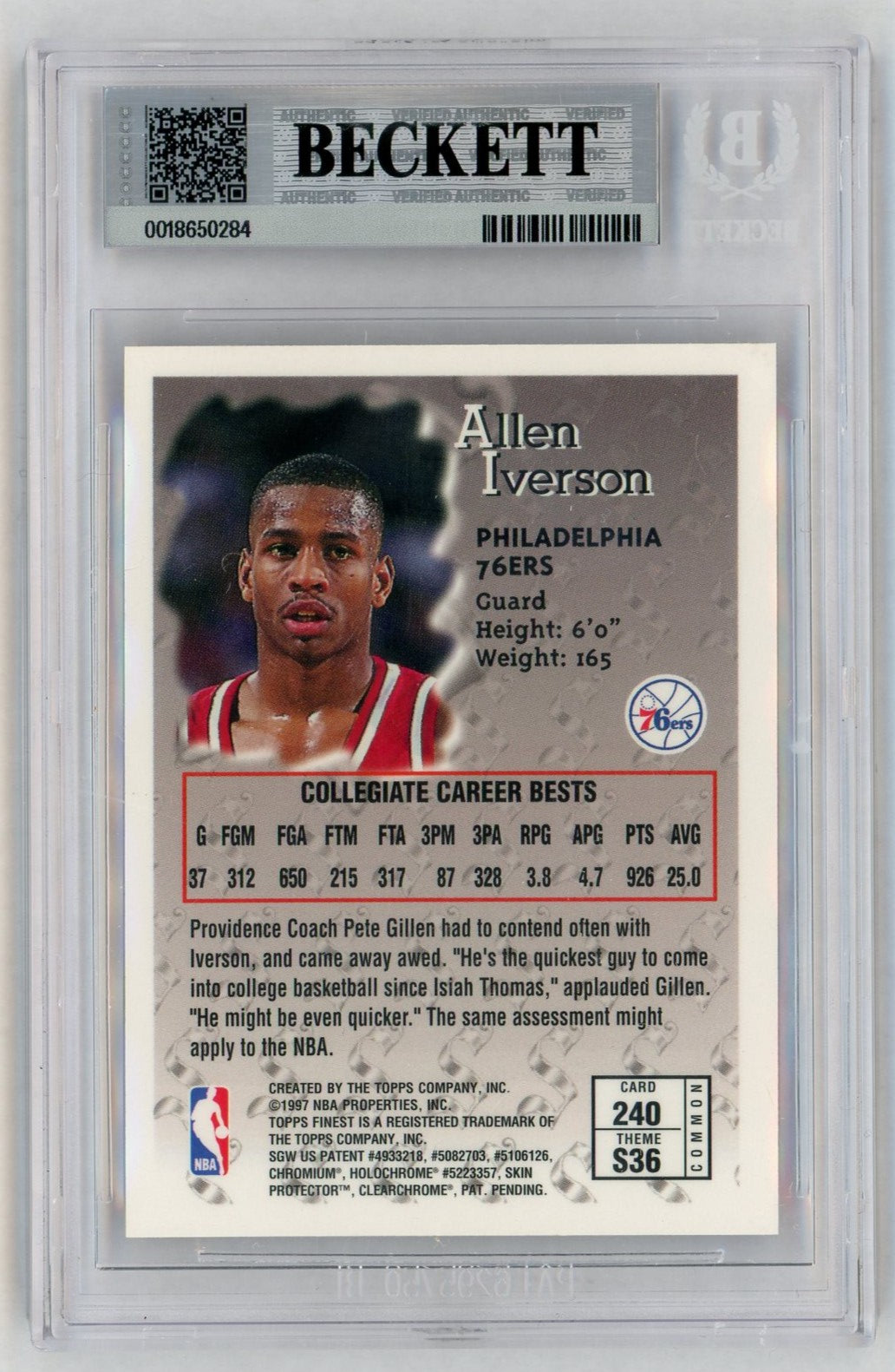 1996-97 Finest #240 Allen Iverson Sterling Rookie RC w/ Coating BGS 8.5