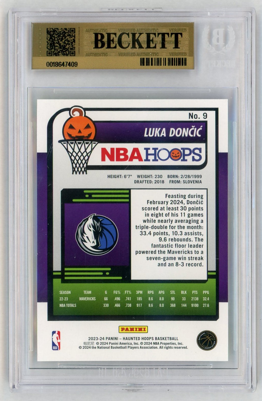 2023 NBA Haunted Hoops #9 Luka Dončić Slime BGS 9.5