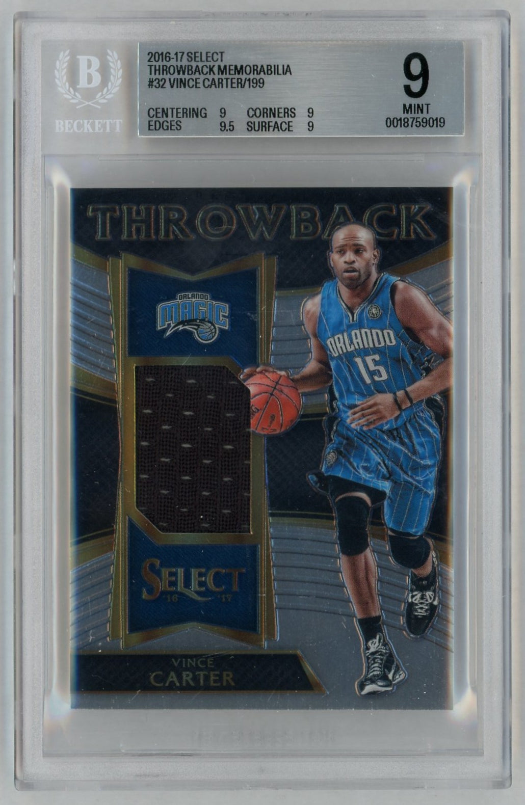 2016 Panini Select Throwback Memorabilia Vince Carter #32 /199 BGS 9