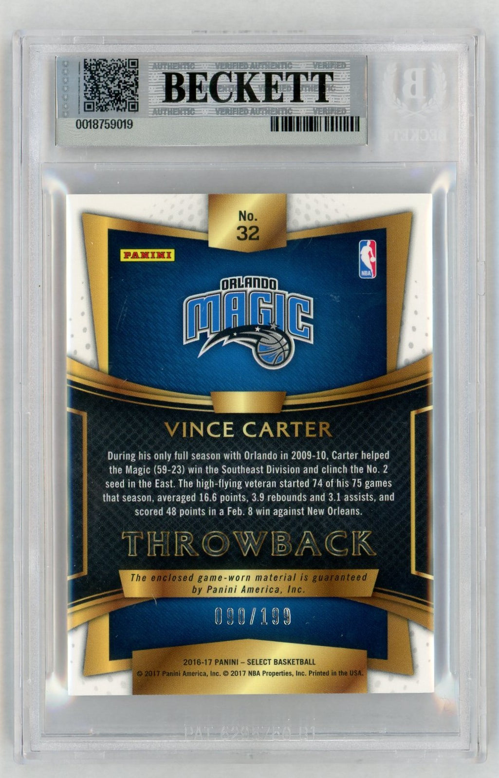 2016 Panini Select Throwback Memorabilia Vince Carter #32 /199 BGS 9