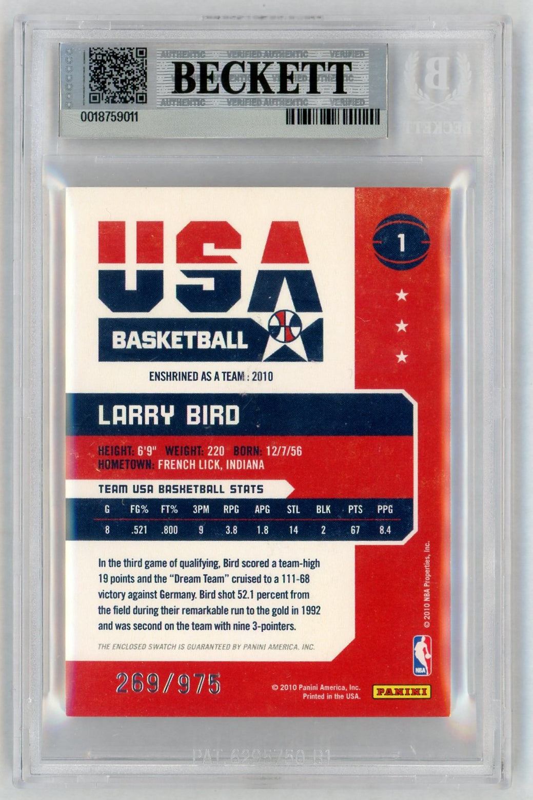 2009 Hall of Fame Dream Team Game Threads Larry Bird #1 /975 BGS 8.5 0018759011