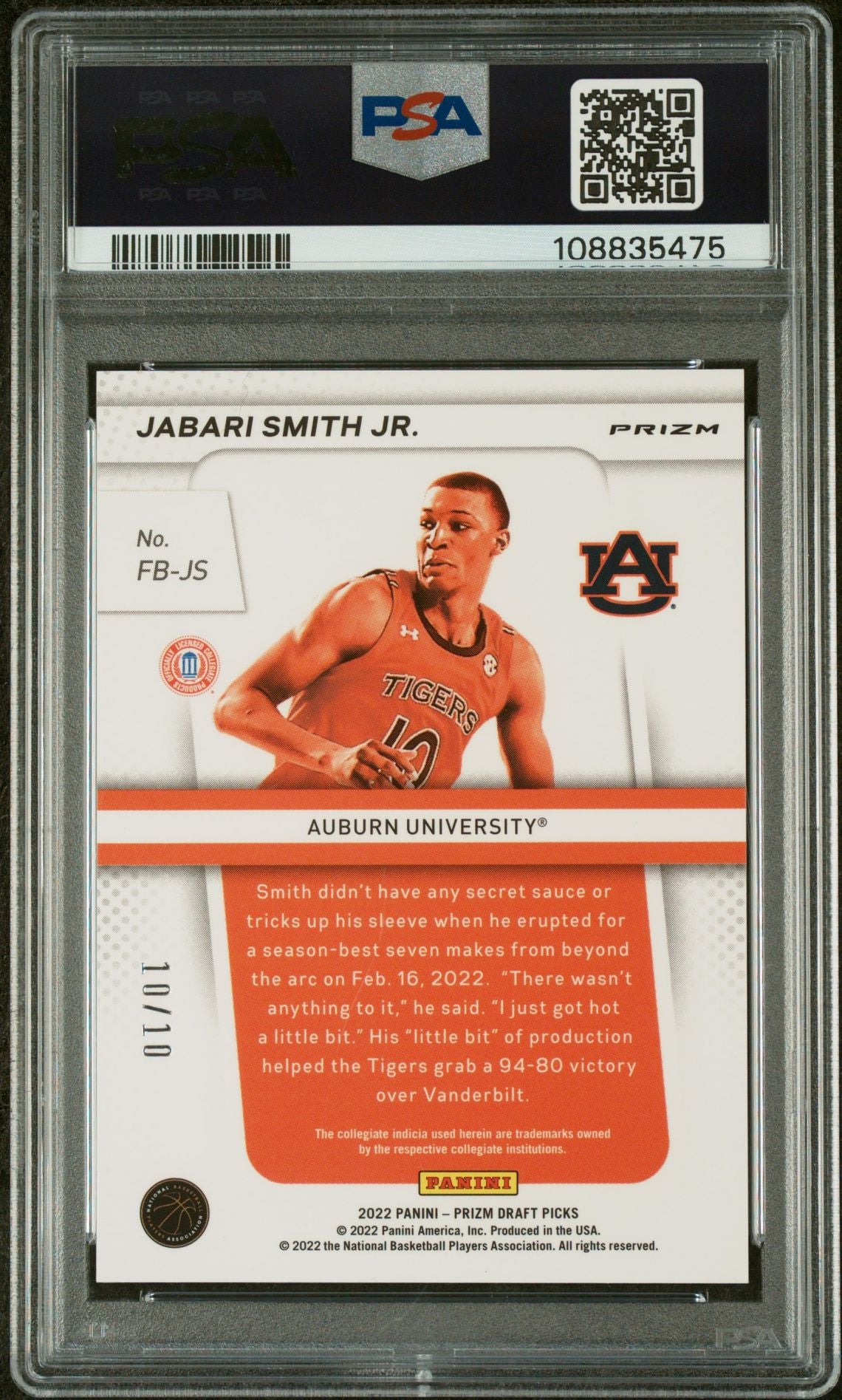 2022 Panini Prizm Draft Flashback Gold Prizm Jabari Smith Jr #FB-JS /10 PSA 9