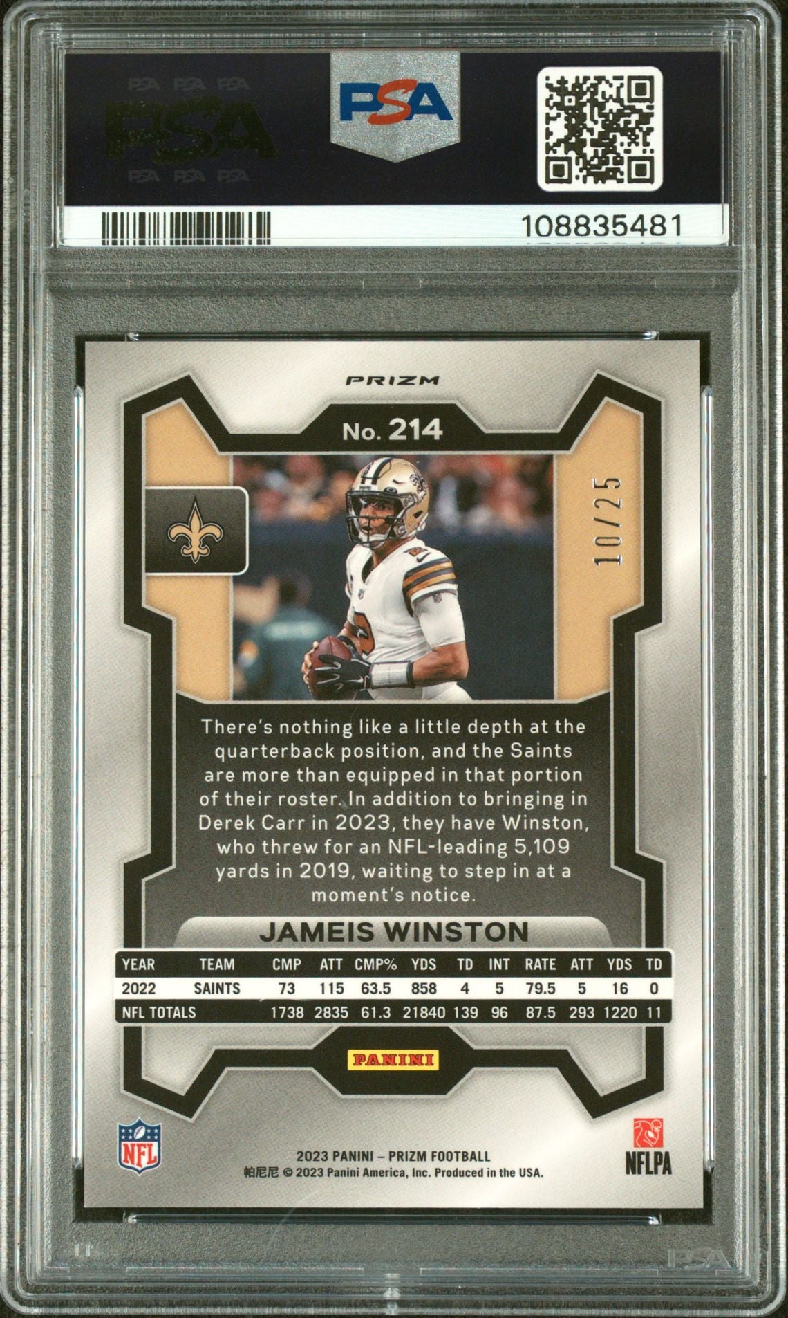 2023 Panini Prizm Jameis Winston #214 /25 PSA 10 Navy Camo