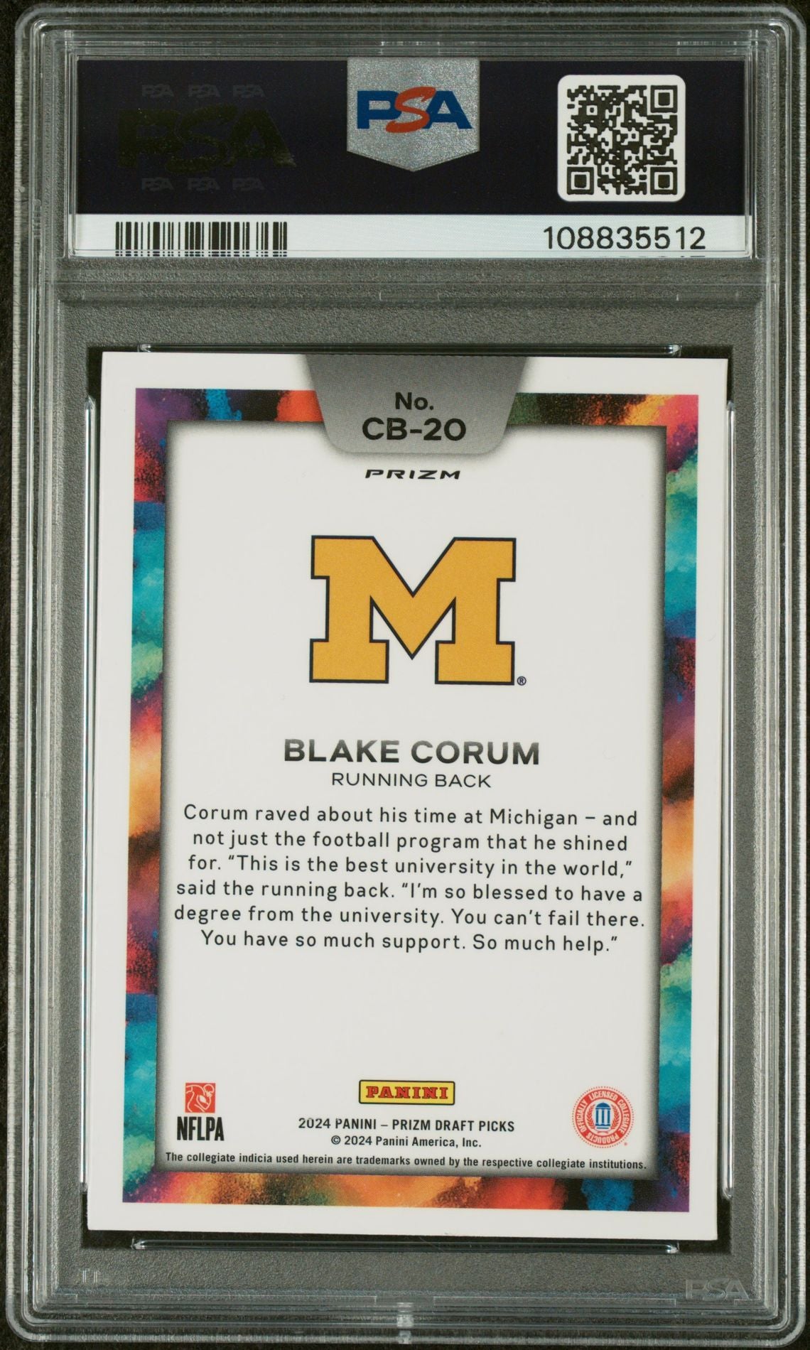 2024 Panini Prizm Draft Picks Black Color Blast Blake Corum #CB20 PSA 8 RC