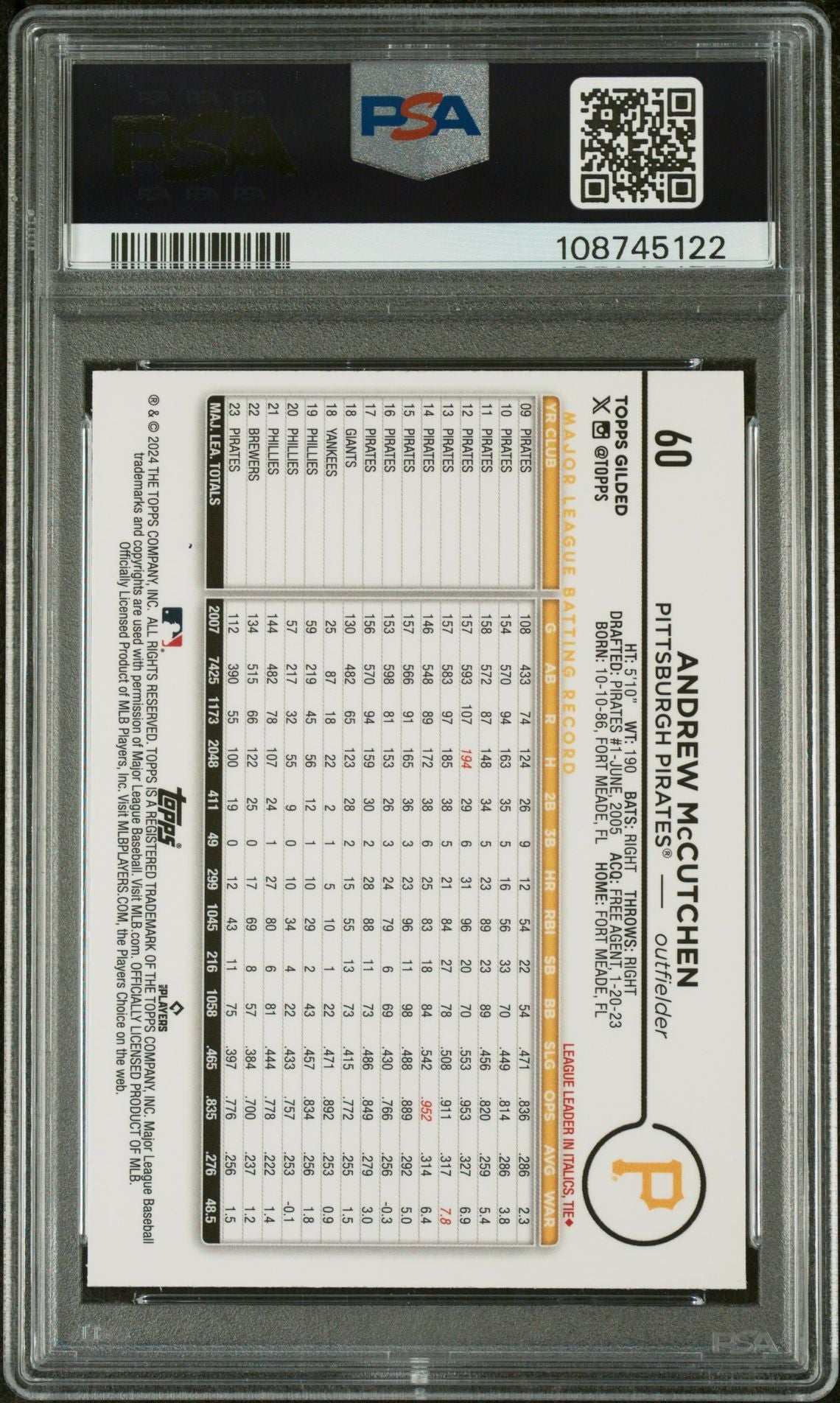 2024 Topps Chrome Gilded Andrew McCutchen #60 /99 PSA 10