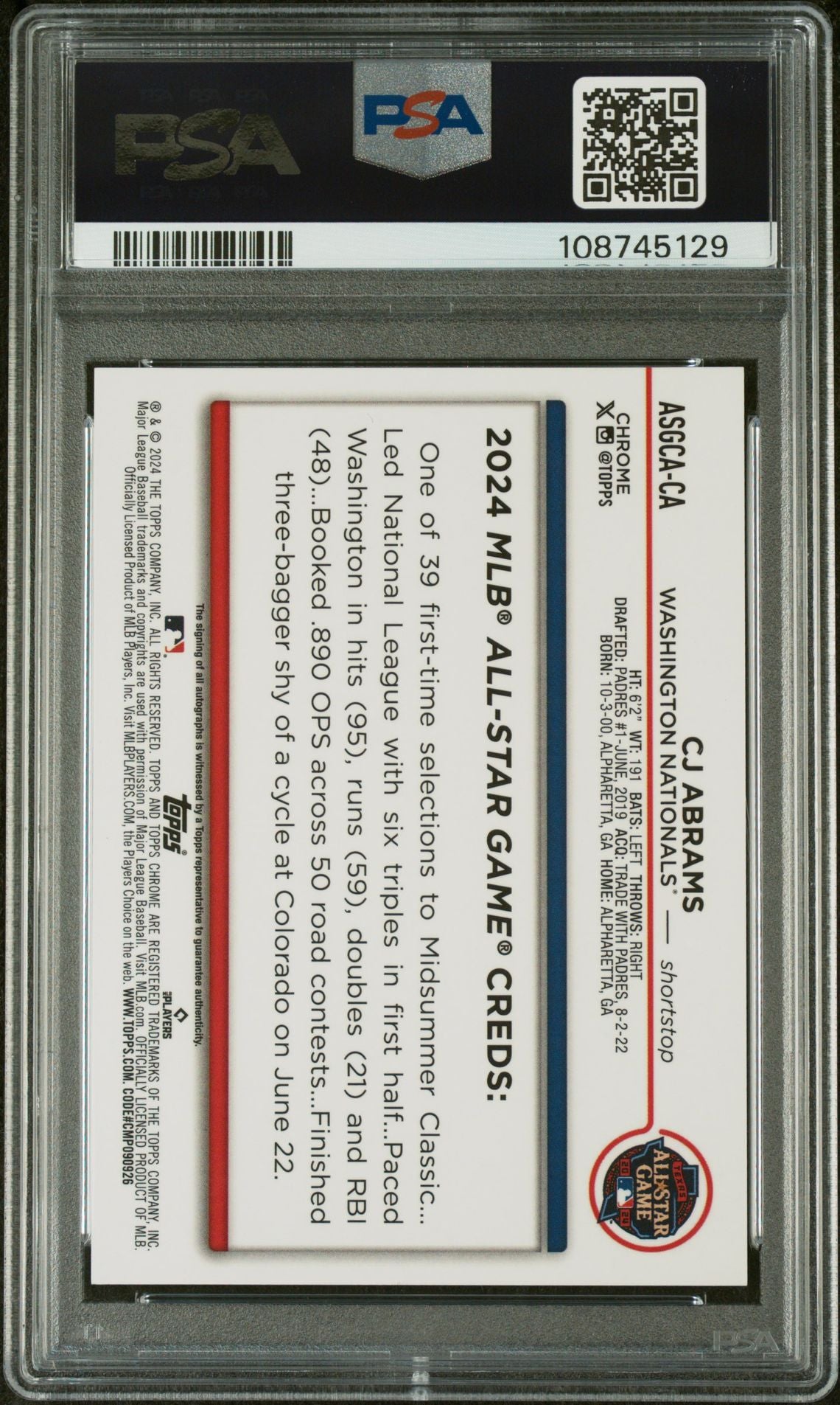 2024 Topps Chrome UPD CJ Abrams All-Star Auto Red Refractor 4/5 PSA 10