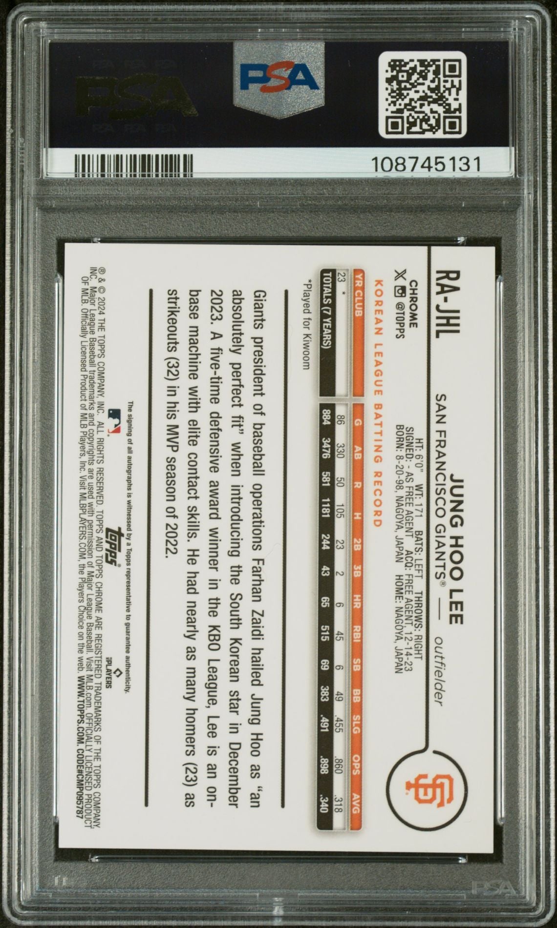 2024 Topps Chrome Update Aqua/Blue Lava Jung Hoo Lee #RA-JHL RC Auto /175 PSA 10