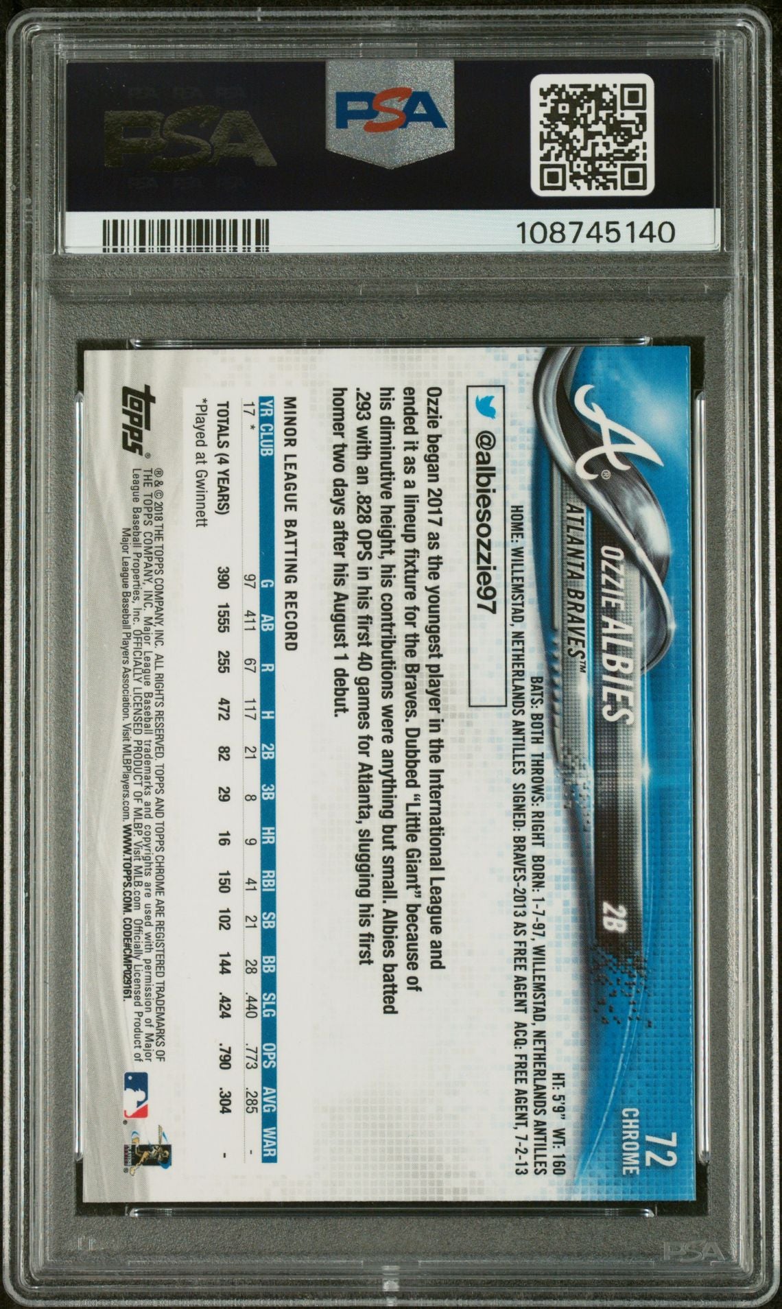 2018 Topps Chrome Ozzie Albies White Jersey #72 PSA 10 RC