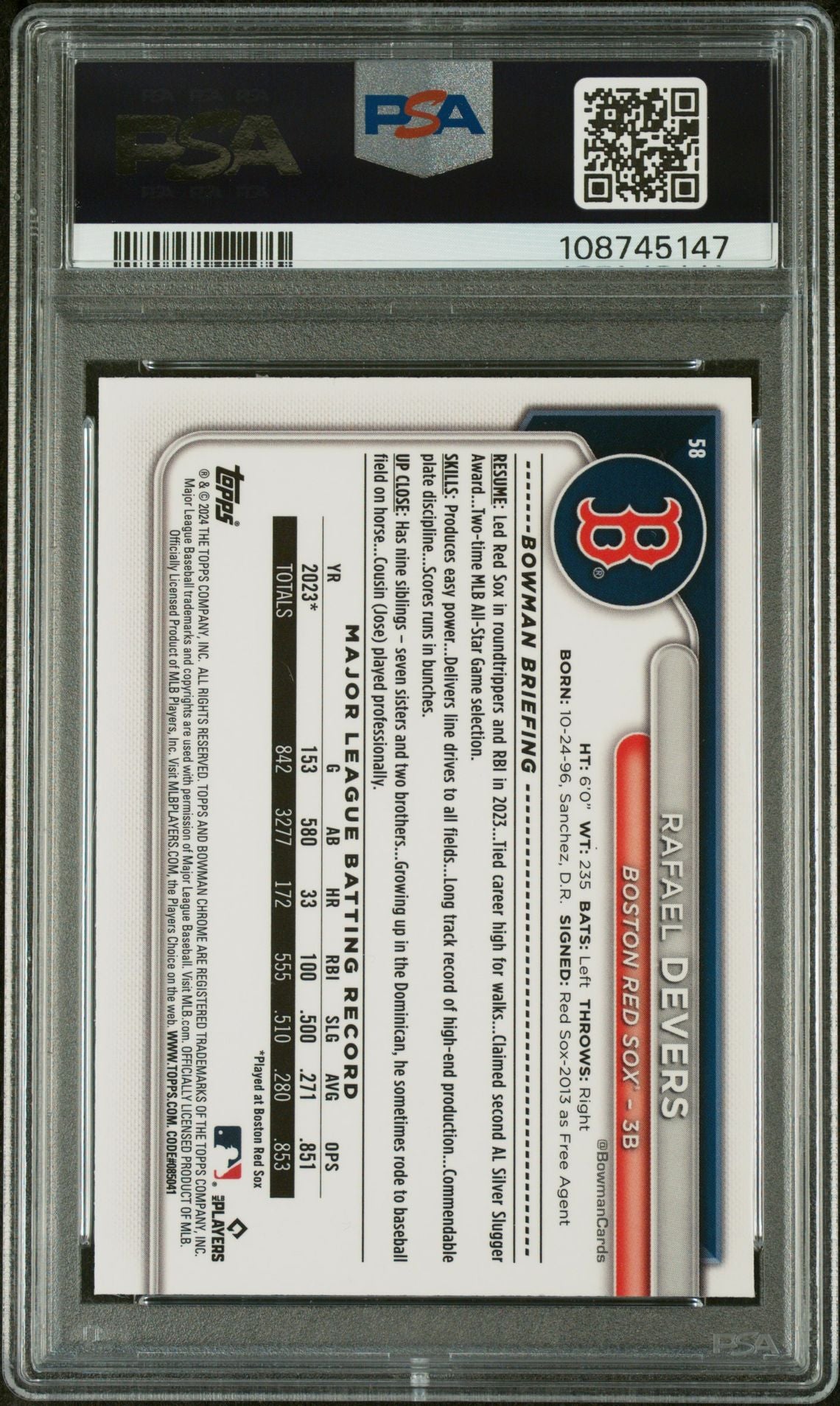 2024 Bowman Chrome SE Orange Rafael Devers #58 /25 PSA 9