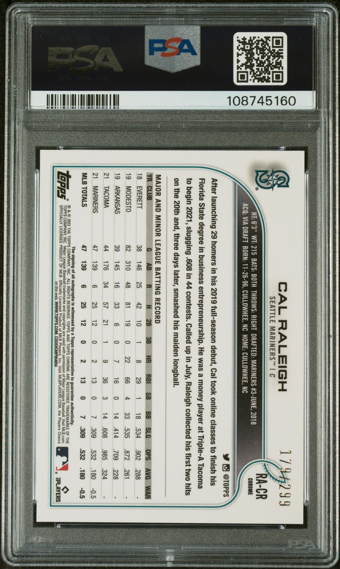 2022 Topps Chrome Purple Speckle Refractor Cal Raleigh #RACR RC Auto /299 PSA 10