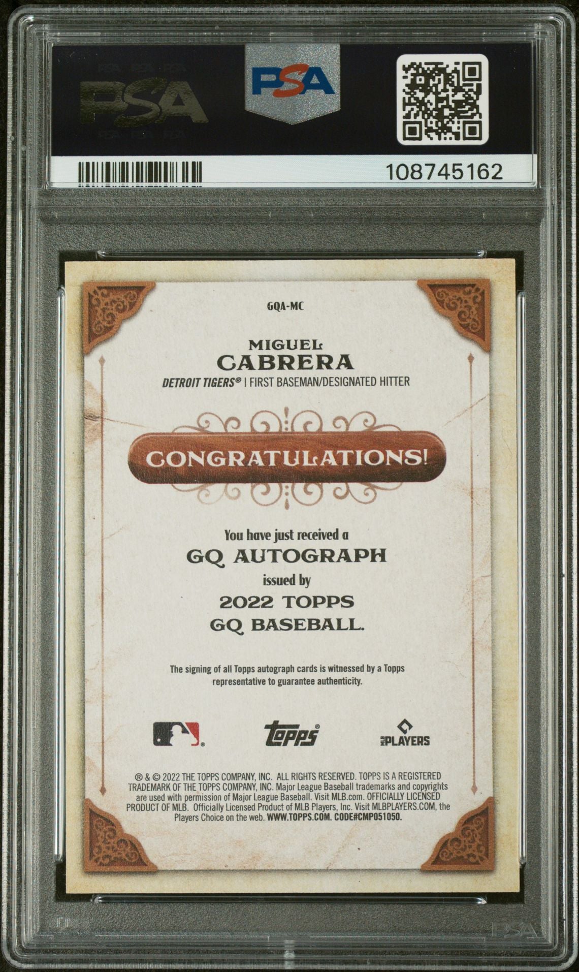 2022 Topps Gypsy Queen #MC Miguel Cabrera Autograph PSA 10
