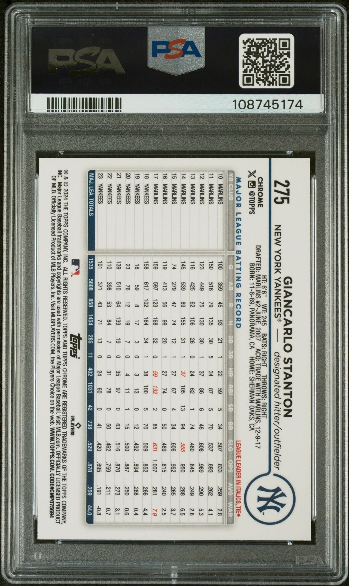 2024 Topps Chrome Green Wave Giancarlo Stanton #275 PSA 10