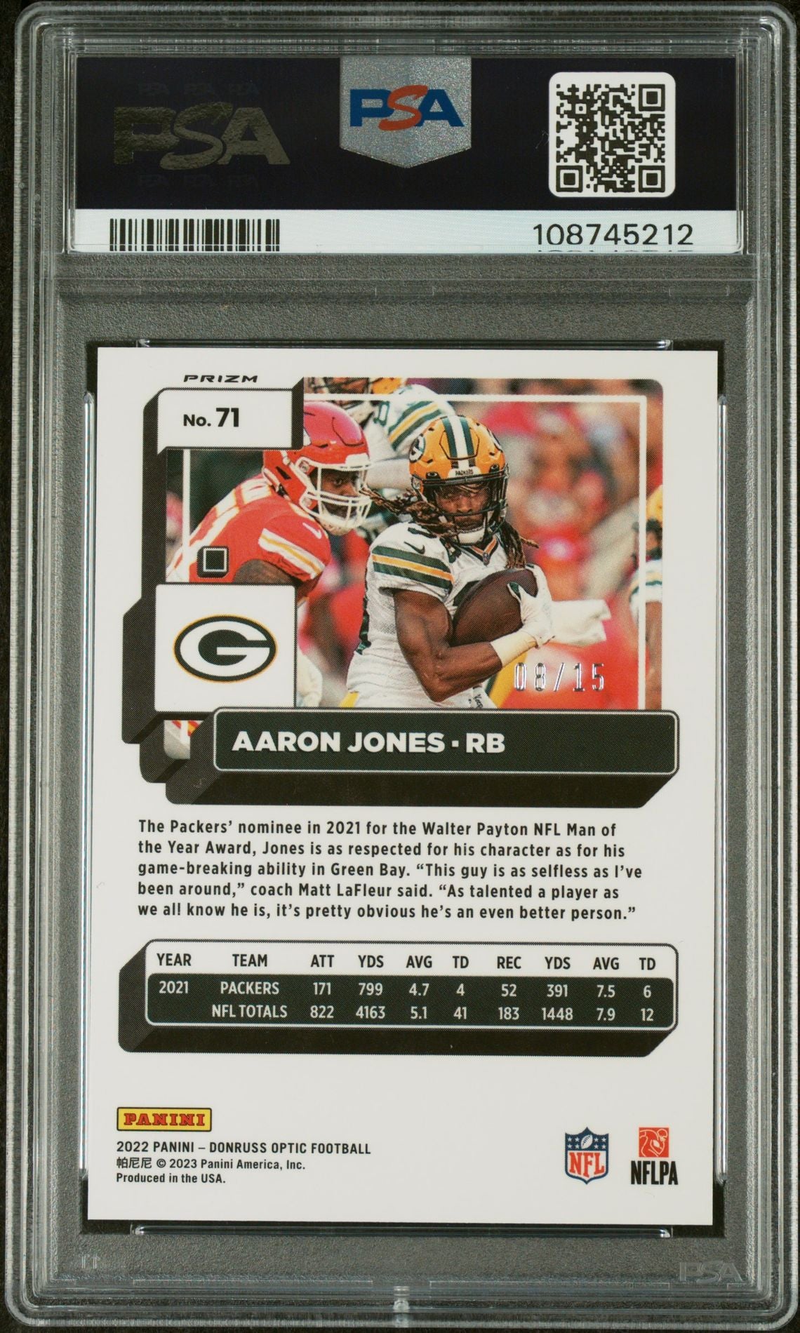 2022 Donruss Optic #71 Aaron Jones Ice /15 PSA 8