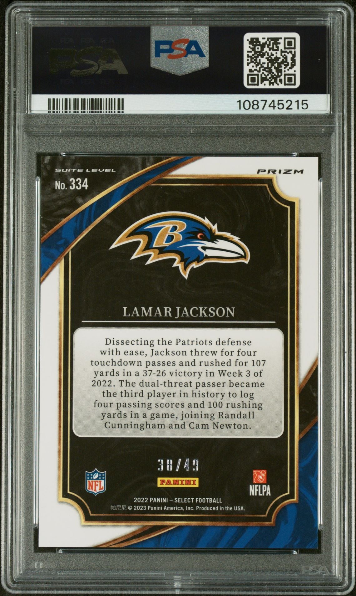 2022 Panini Select Suite Level Red Disco Prizm Lamar Jackson #334 /49 PSA 8