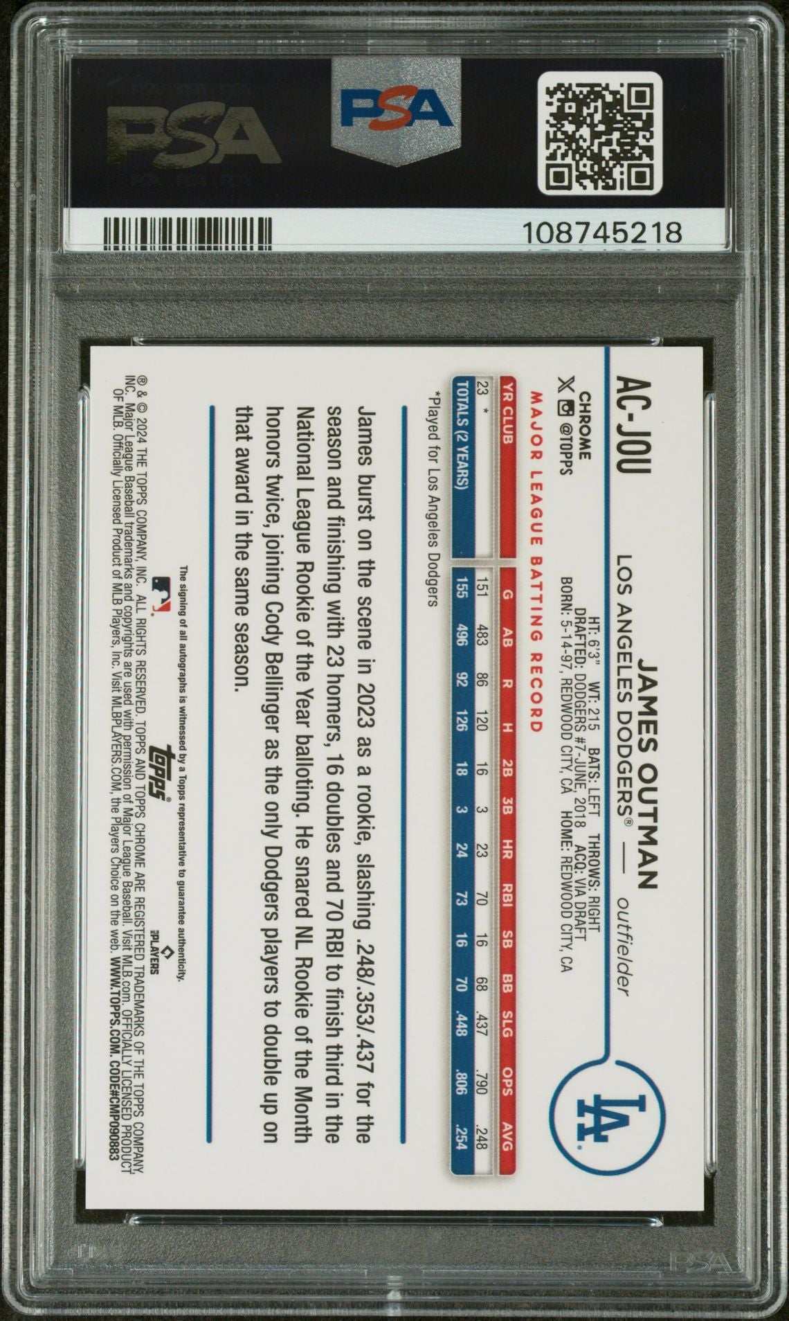 2024 Topps Chrome Update Chrome Baseball Update Series Autographs #ACJOU James Outman Gold Refractor PSA 9