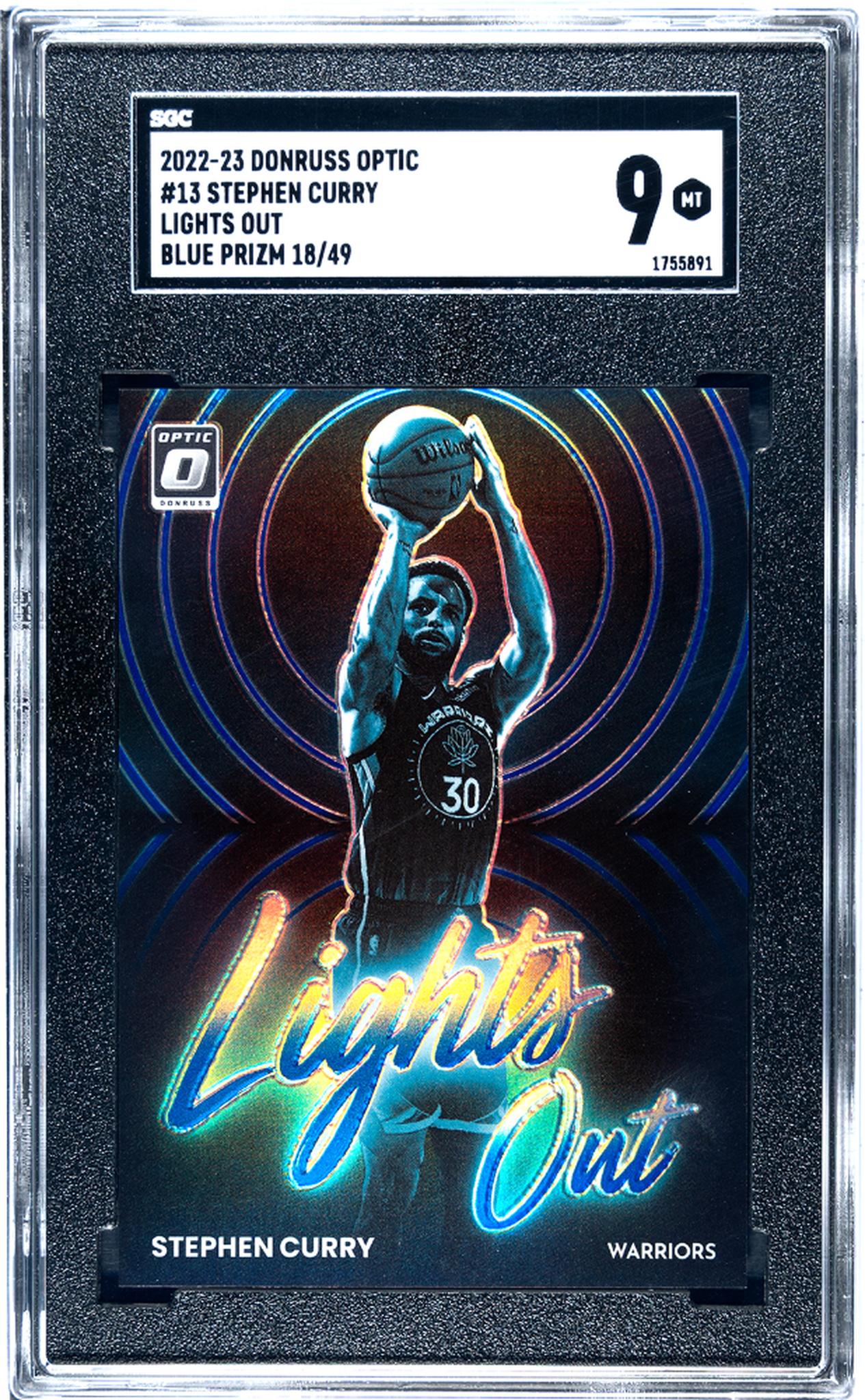 2022-23 Donruss Optic #13 Stephen Curry Lights Out Blue Prizm 18/49 SGC 9