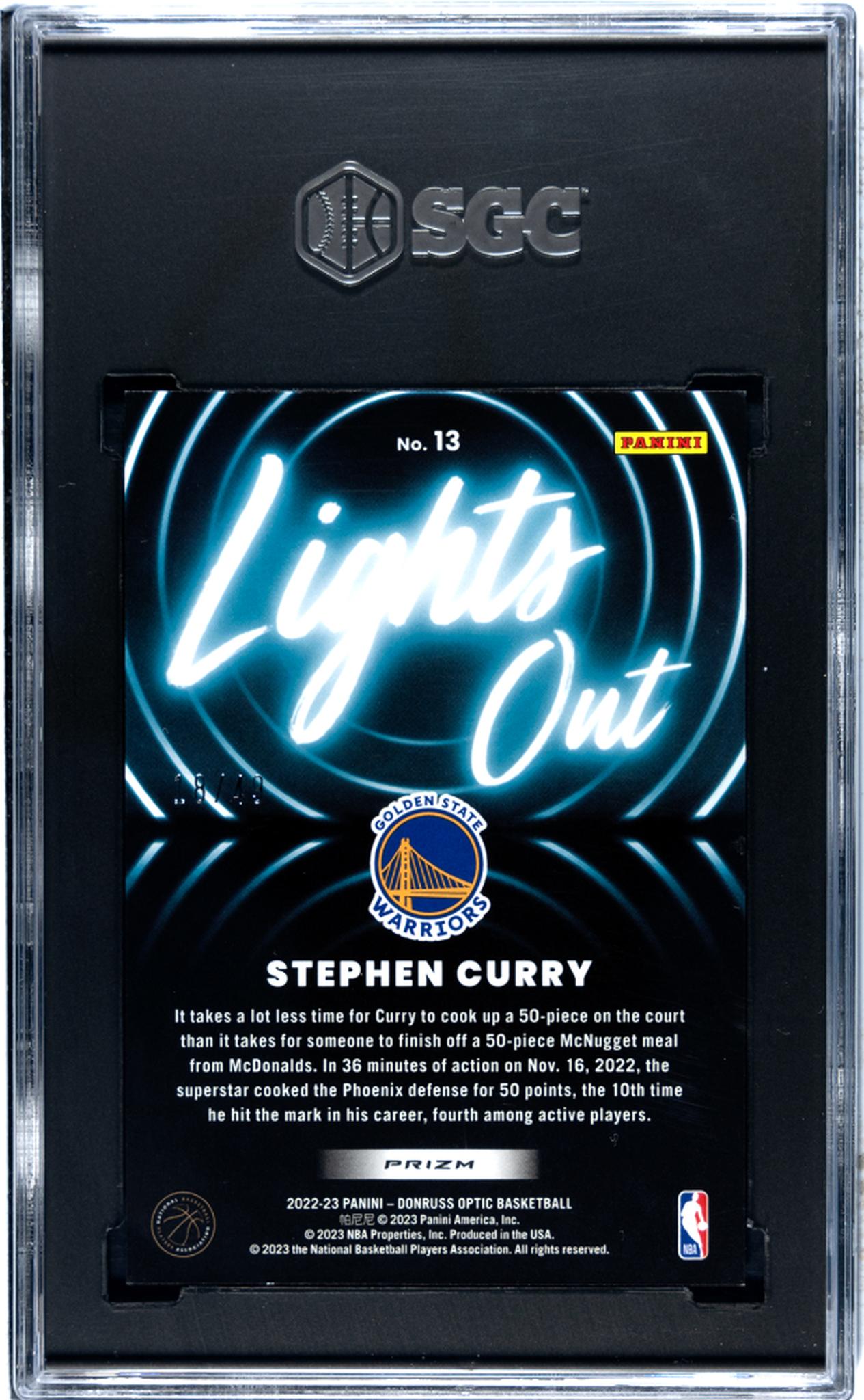 2022-23 Donruss Optic #13 Stephen Curry Lights Out Blue Prizm 18/49 SGC 9