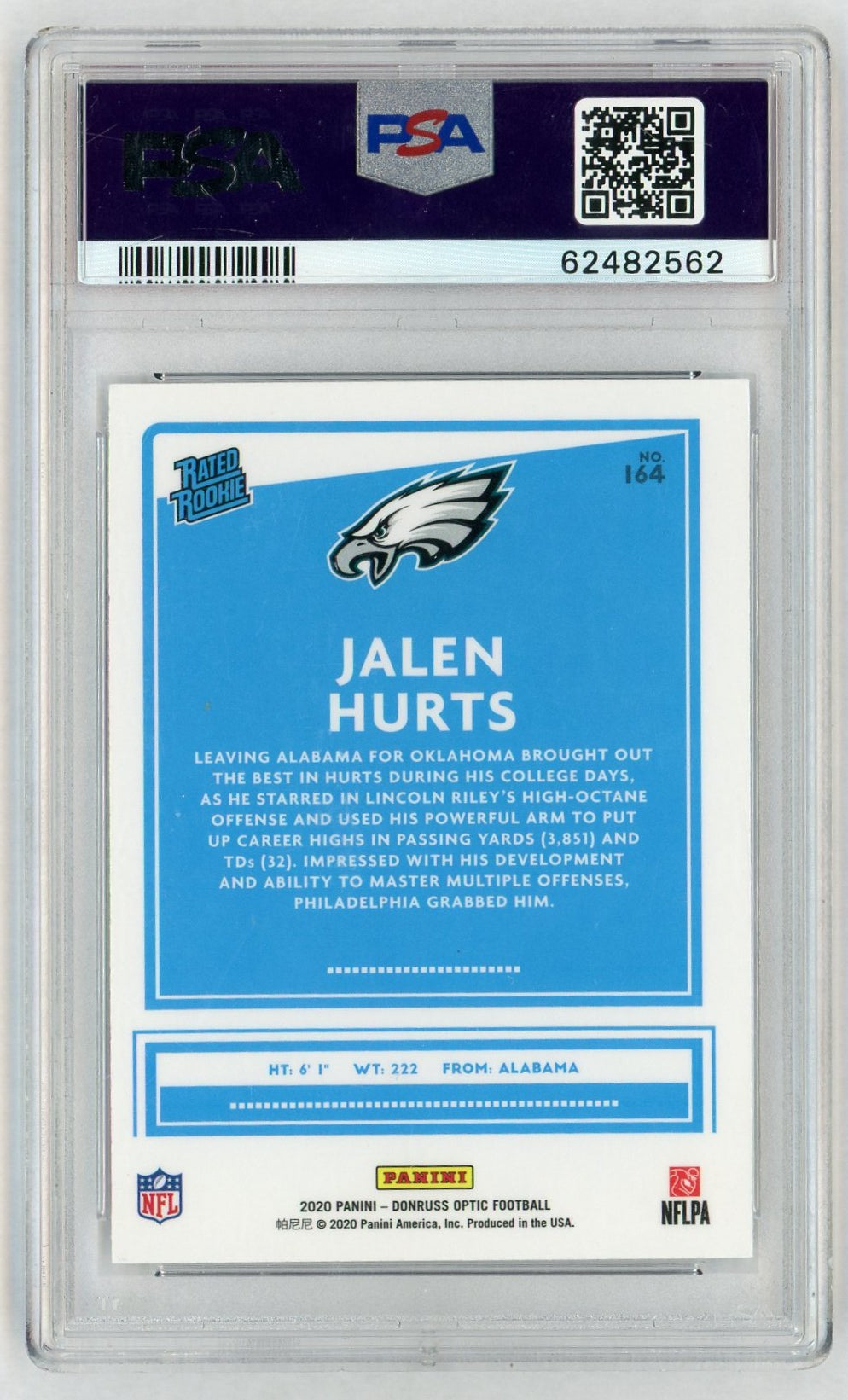 2020 Donruss Optic Rated Rookie Jalen Hurts #164 PSA 9