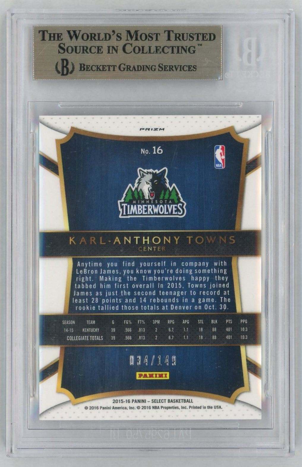 2015-16 Select #16 Karl-Anthony Towns Rookie RC Red /149 BGS 9.5
