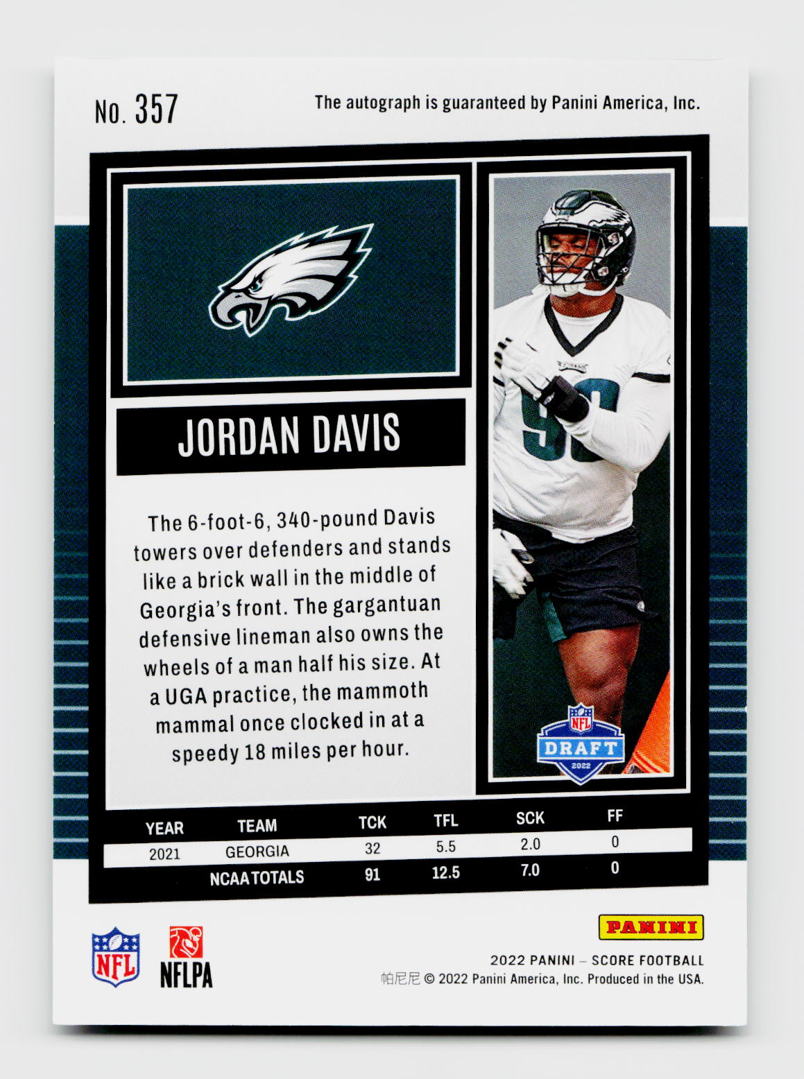2022 Score Jordan Davis #357 Rookie Auto