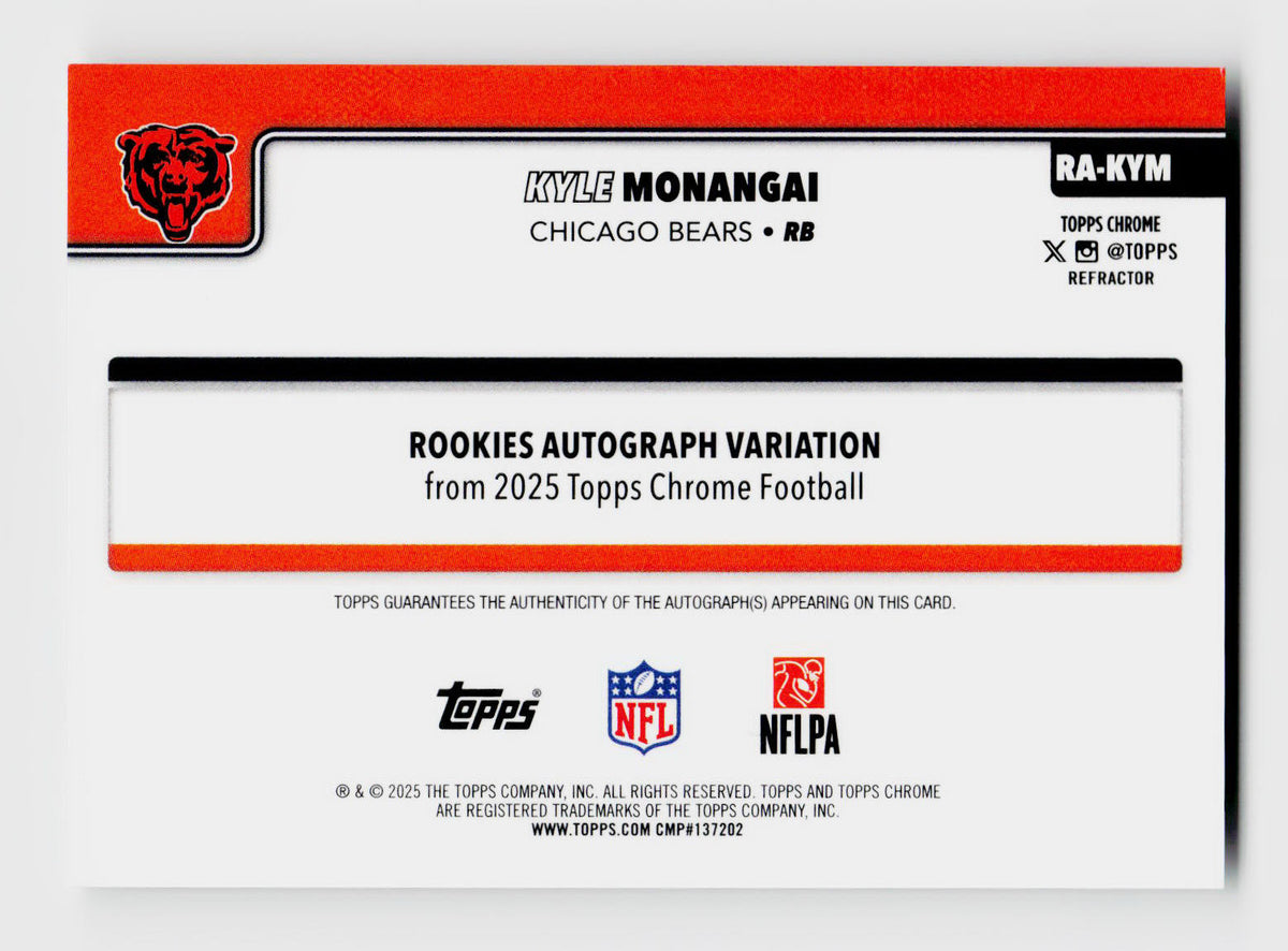 2025 Topps Chrome #RA-KYM Kyle Monangai Rookie RC Variation Refractor Auto /499