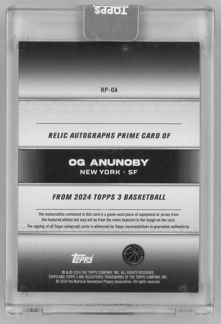 2024 Topps 3 #RP-0A OG Anunoby Prime Veteran Game-Used Number Patch Auto /15