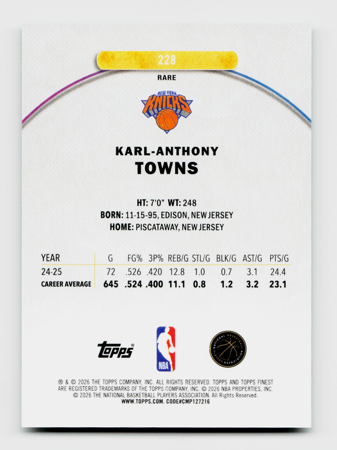 2026 Topps Finest #228 Karl-Anthony Towns Green Refractor SSP /25