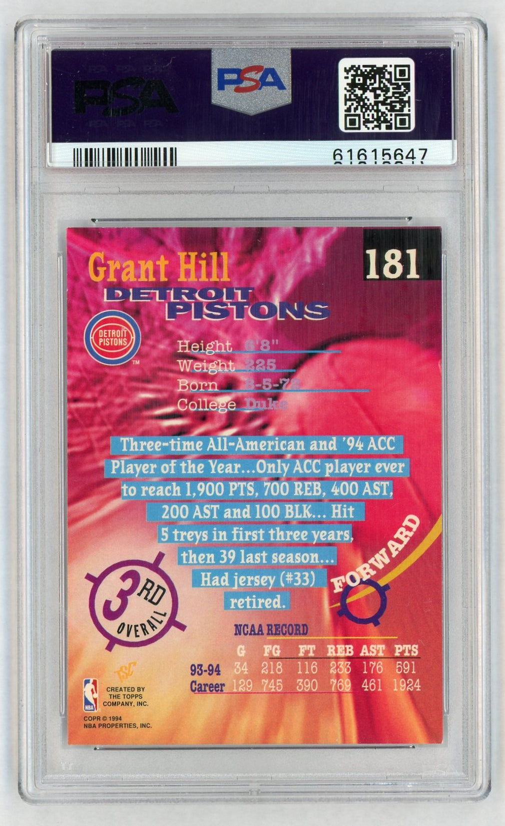 1994 Stadium Club Grant Hill #181 PSA 7