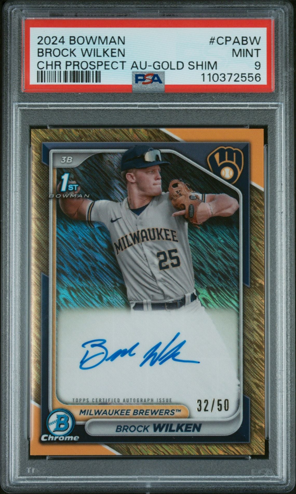 2024 Bowman Chrome Gold Shim Brock Wilken #CPA-BW Auto /50 PSA 9